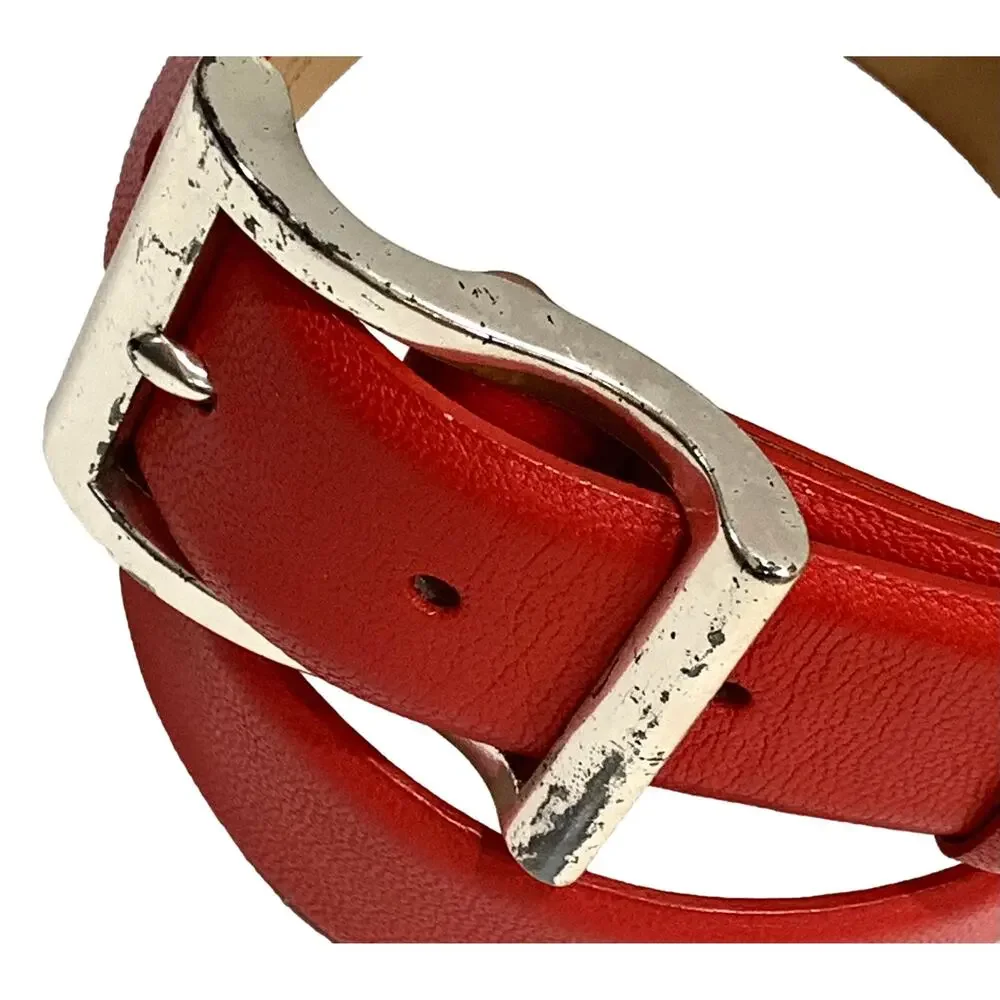 90s DKNY Red Leather Belt w Silver Buckle | VTG S | 28